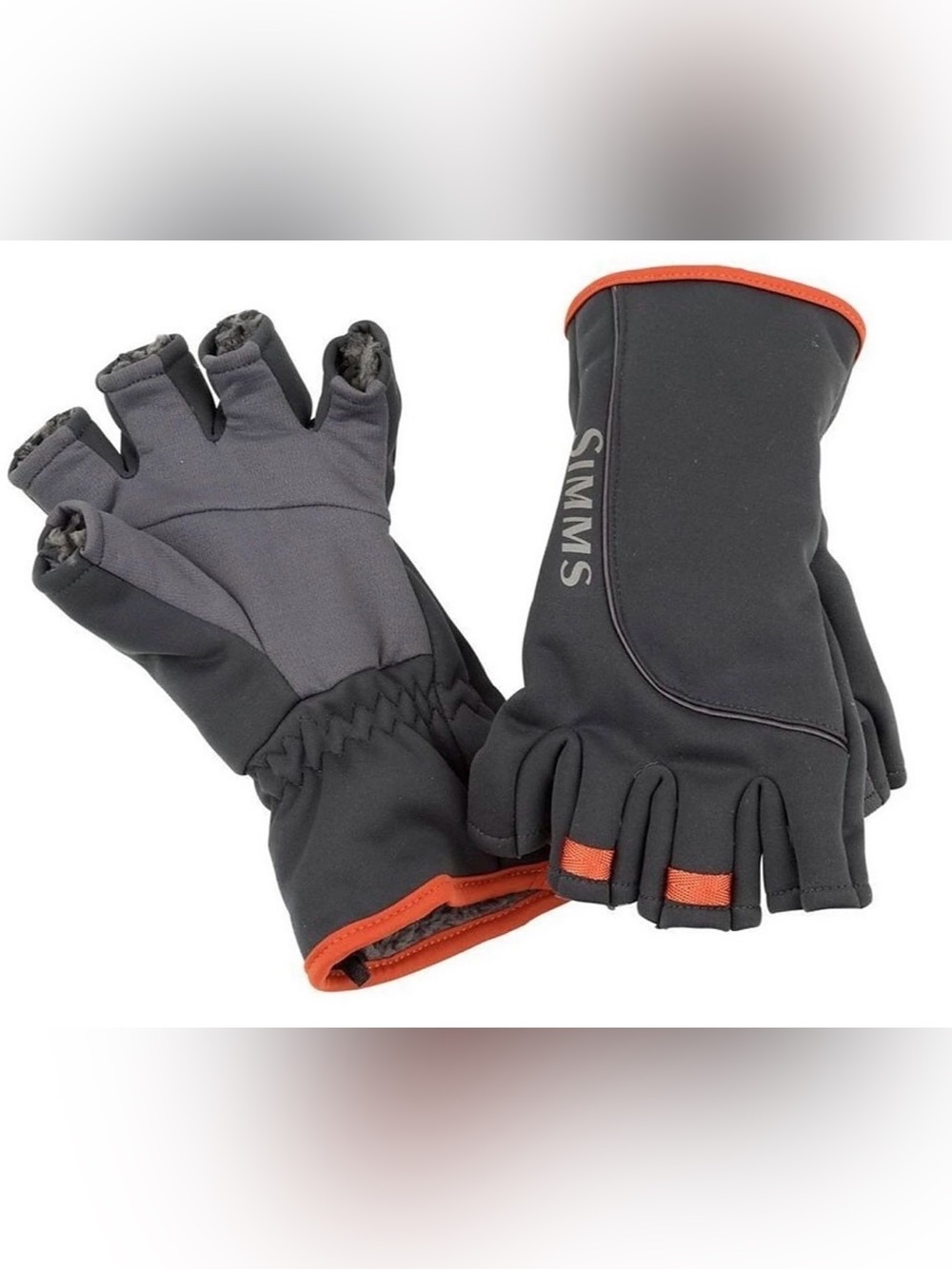 Simms Black and Gray Fingerless Fishing Gloves with Orange Trim